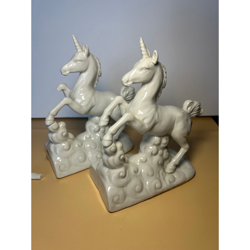 Vintage Otagiri OMC Japan White Ceramic Unicorn Bookends Set Broken Leg Repair